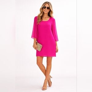Buckley K Hot Pink Silk Tunic Dress Size 2 Sheer Sleeve Shift Made USA
